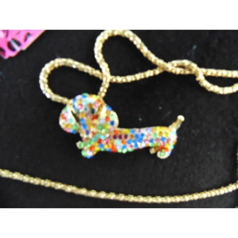 New Y2K Betsey Johnson Dachshund Pave Crystal Doxie Pendant Charm Necklace
